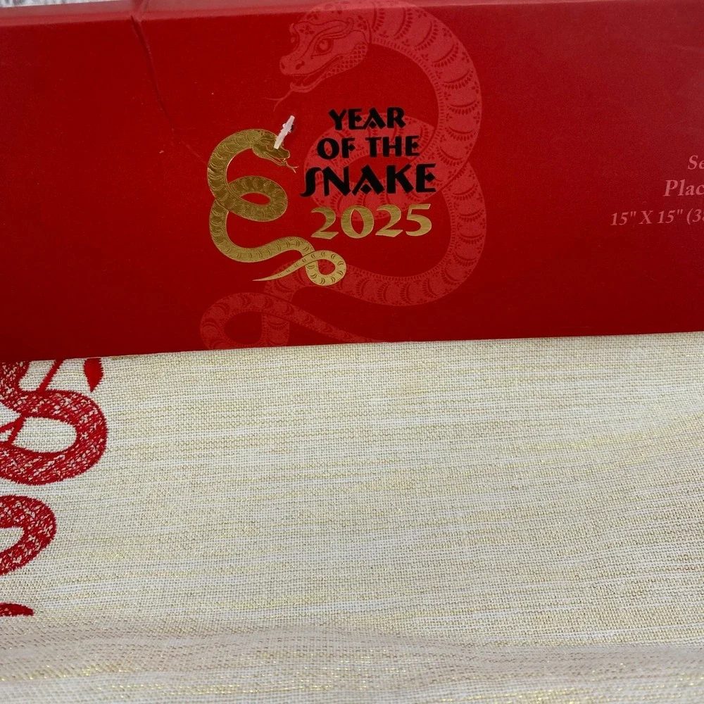 Year of the Snake 2025 Placemats Set of 4 Cream Red Gold Embroidered Pom Trim